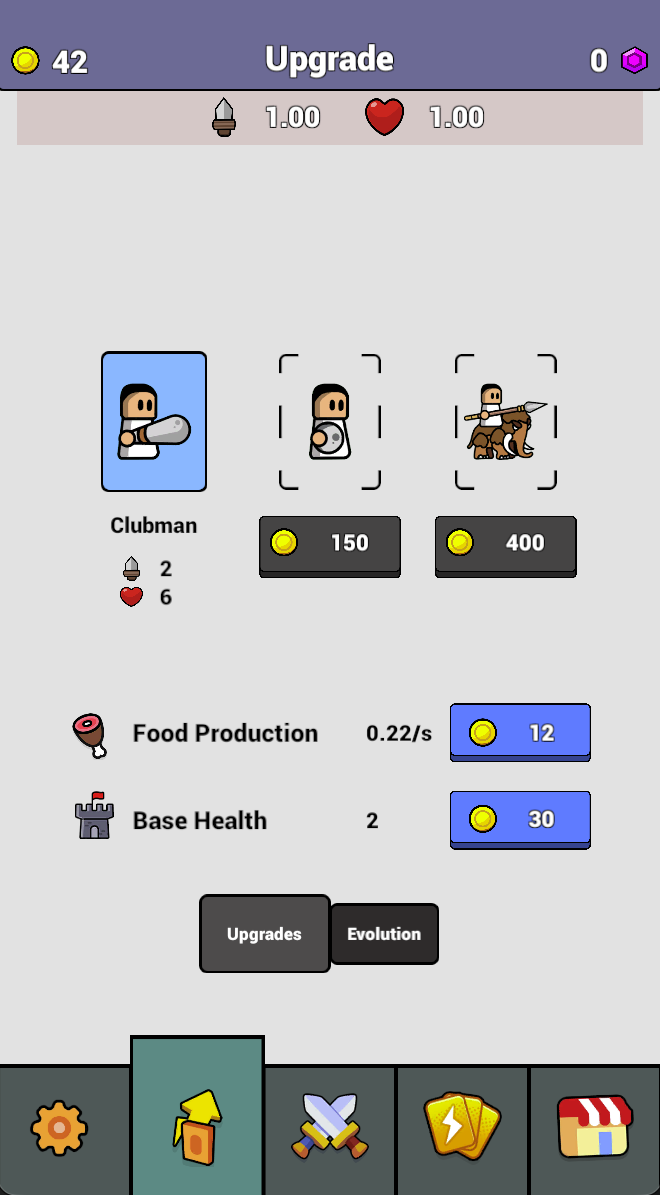 Spend coins on Food Production, Base Health or unlocking another unit. This screen separates ongoing food generation from the one-time coin prices of upgrades.