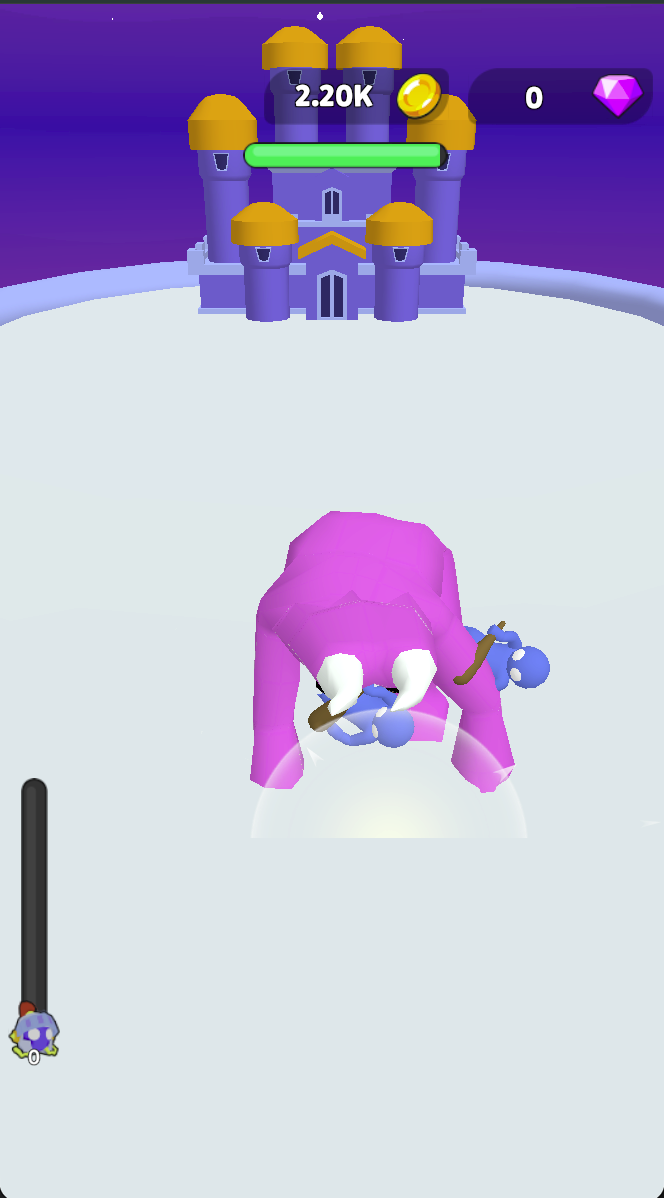 The later scene shows collected blue characters at a pink creature with a castle and health bar ahead. Treat the timed collection and the subsequent battle as separate phases.