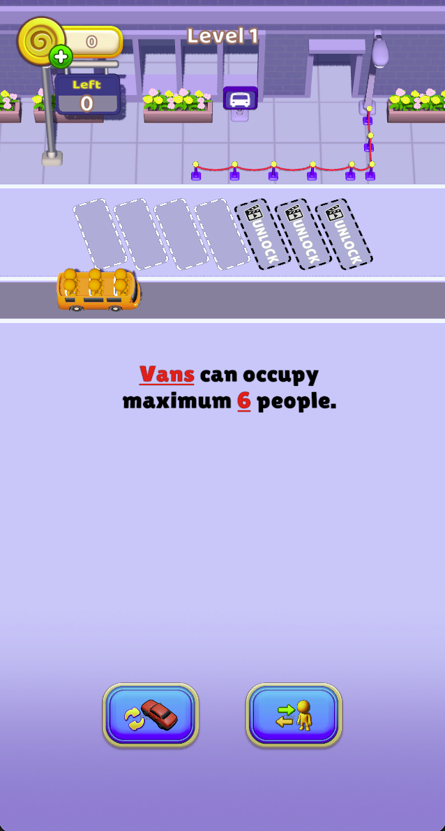 The Level 1 tutorial states that vans carry a maximum of six people. Match vehicle capacity to the waiting queue rather than assuming every vehicle has the same number of seats.