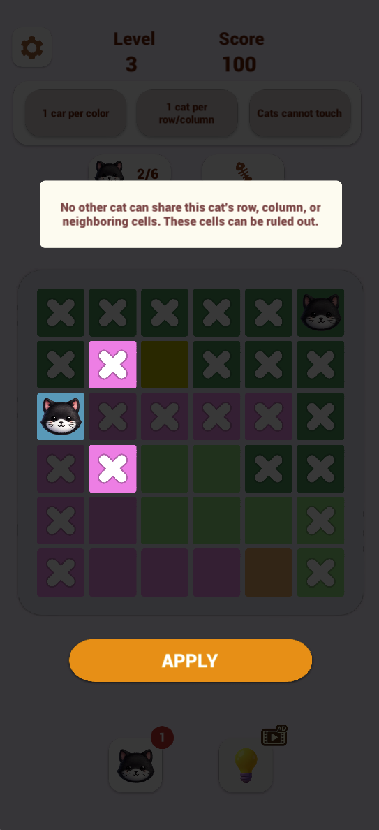 The hint preview explains that a cat rules out its row, column and neighboring cells. Review the highlighted exclusions before selecting Apply.