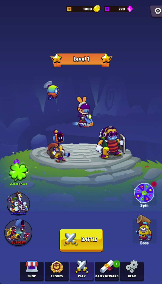 Select Battle from the home screen. Troops and Gear are separate tabs, while coins and diamonds have separate balances.