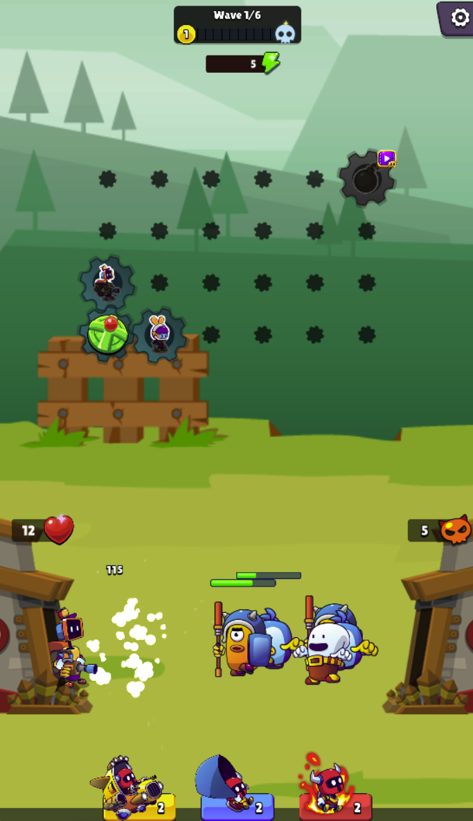 Placed troop and skill gears remain on the board during combat while soldiers fight below. Watch the wave indicator and both sides’ counters to assess your setup.
