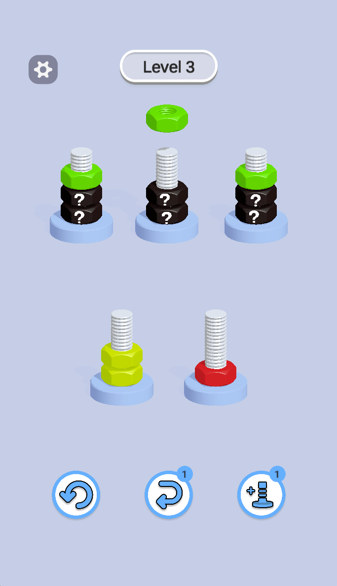 After moving top nuts, green nuts are revealed and yellow and red nuts occupy the lower bolts. Reassess the layout whenever a previously hidden color becomes visible.