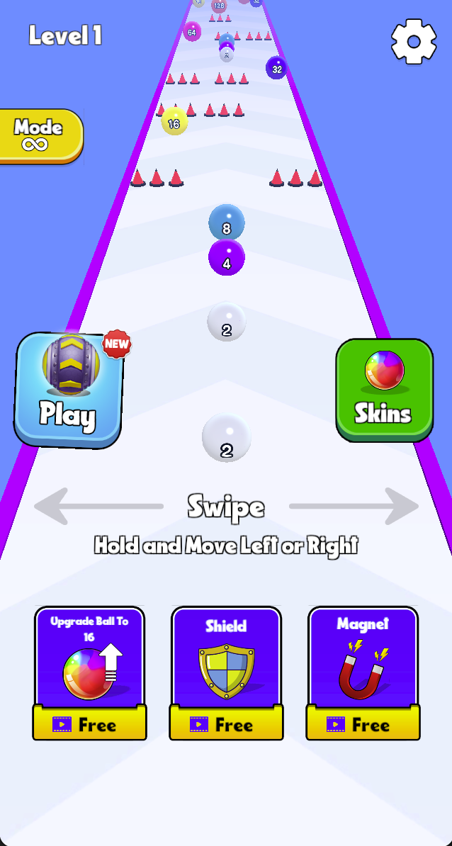 The number-ball mode explicitly instructs you to hold and move left or right. Inspect upcoming numbered balls and cone rows before starting your route.