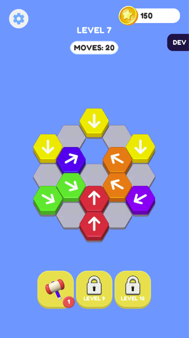 Level 7 has a different arrangement and a 20-move limit. The Hammer is available, while the other tool slots remain locked until levels 9 and 12.