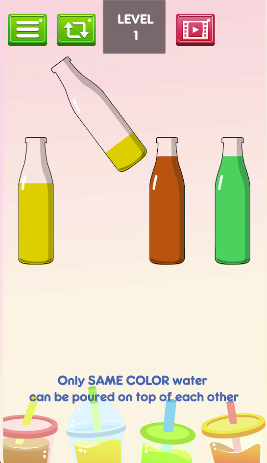 The later Level 1 screen shows the colors separated across the bottles while a bottle is tilted during a pour. Plan each transfer around the destination’s top color and available room.